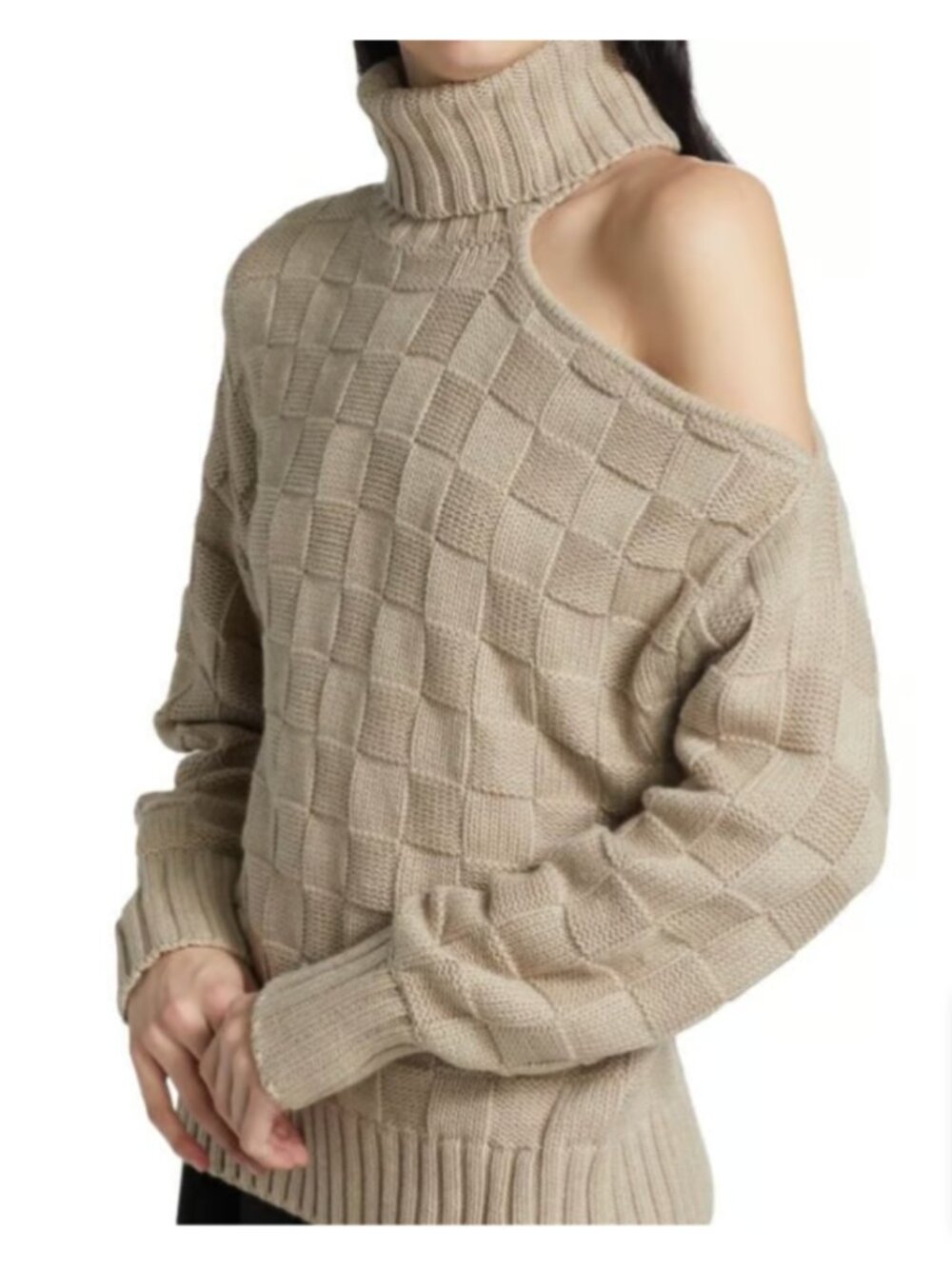 NWOT STAUD Rockey Checkered Cold Shoulder Turtleneck Sweater - Frappe Beige XS